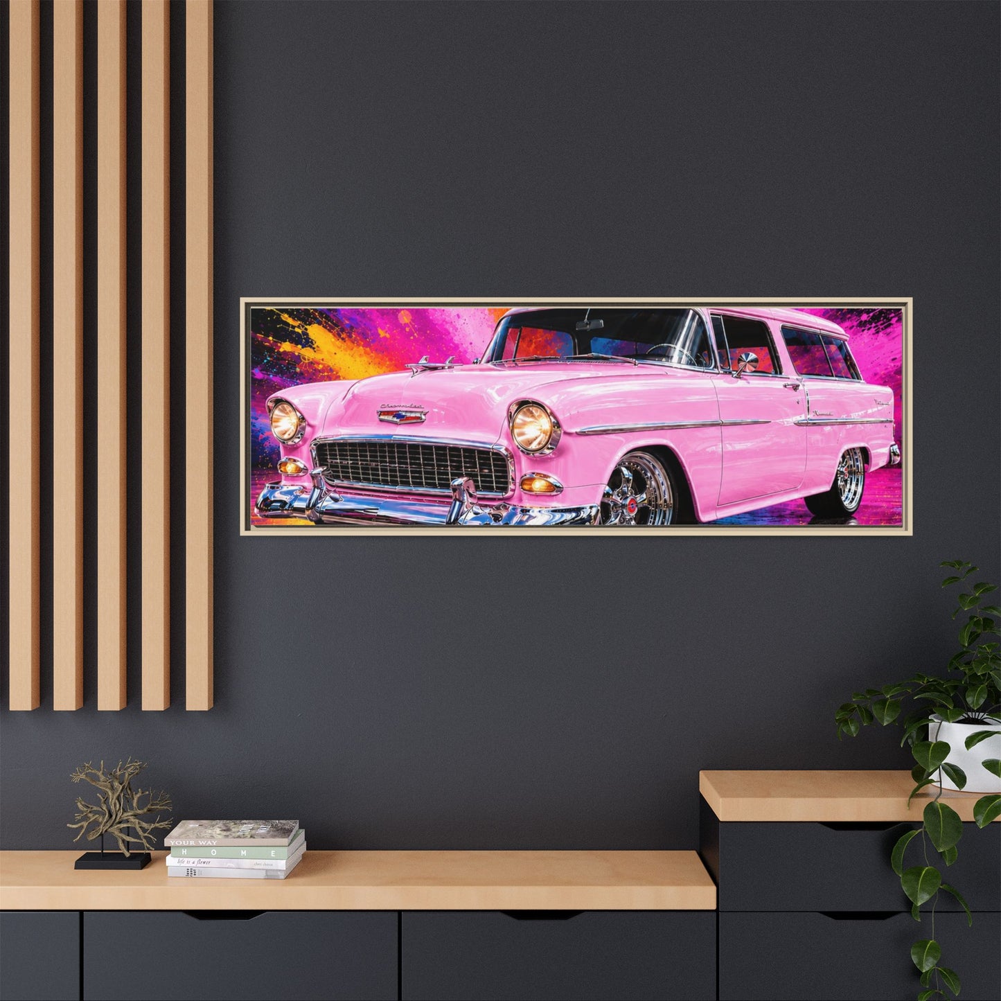 Pink Classic Station Wagon Canvas Print — Retro Car Wall Art, Framed Matte Multi‑Color Splash