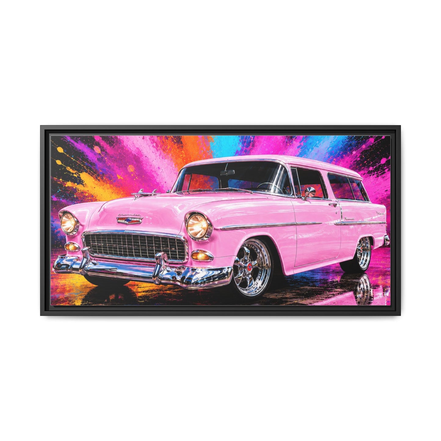 Pink Classic Station Wagon Canvas Print — Retro Car Wall Art, Framed Matte Multi‑Color Splash