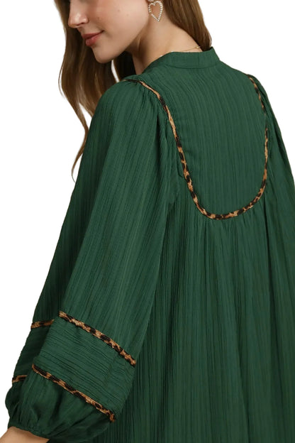 Garden Naked Womens Casual Shift Dress Boho Leopard Trim Pleated Babydoll Mini Green Balloon Sleeve Daily Wear