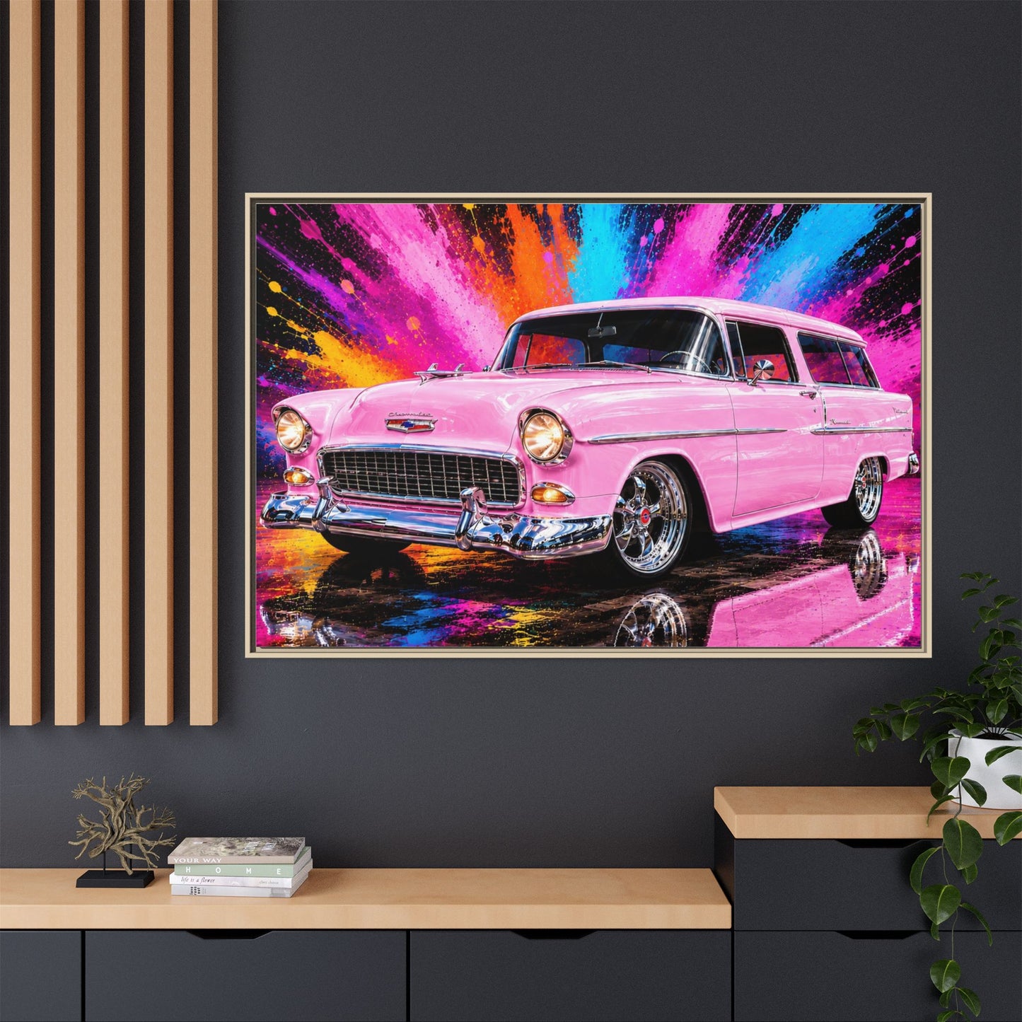 Pink Classic Station Wagon Canvas Print — Retro Car Wall Art, Framed Matte Multi‑Color Splash