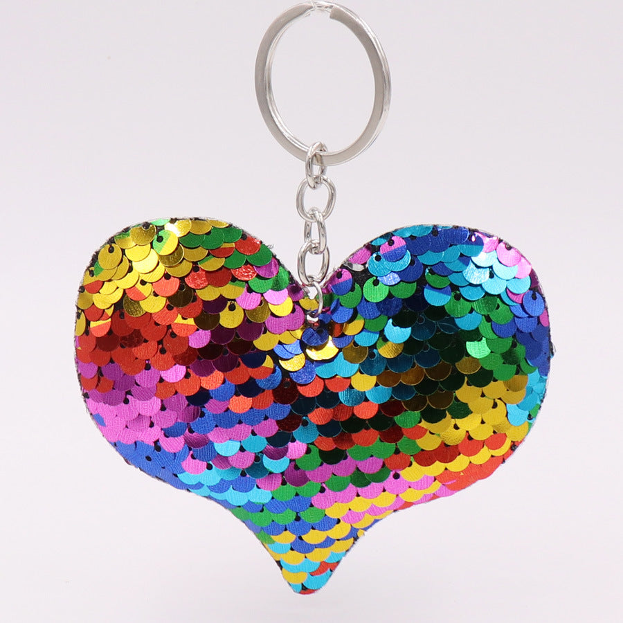 Cute Heart Keychain Glitter Pompom Sequins Key Ring