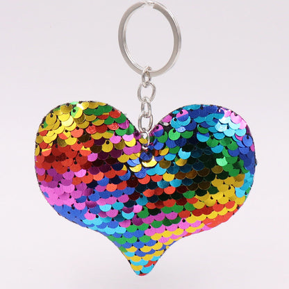 Cute Heart Keychain Glitter Pompom Sequins Key Ring
