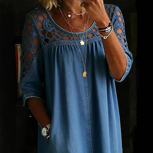 Women’s Loose Fit Hollow-Out Lace Denim Shirt