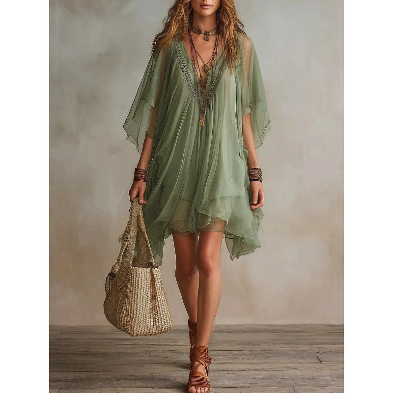 Women's V-Neck Chiffon Batwing Sleeve Boho Resort Dress