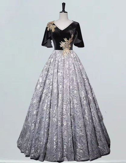 V neck short sleeve long ball gown prom dress