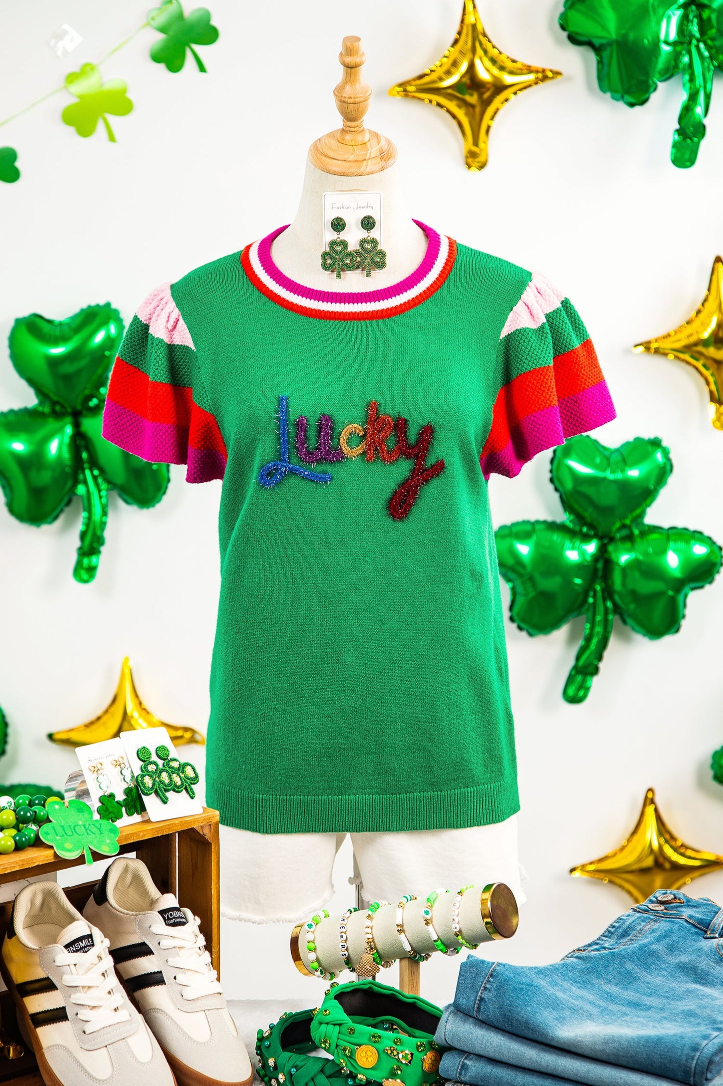 Lucky Stripe Flutter Sleeve Round Neck Sweater