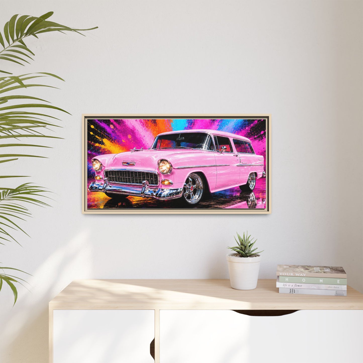Pink Classic Station Wagon Canvas Print — Retro Car Wall Art, Framed Matte Multi‑Color Splash