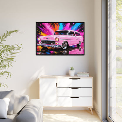 Pink Classic Station Wagon Canvas Print — Retro Car Wall Art, Framed Matte Multi‑Color Splash
