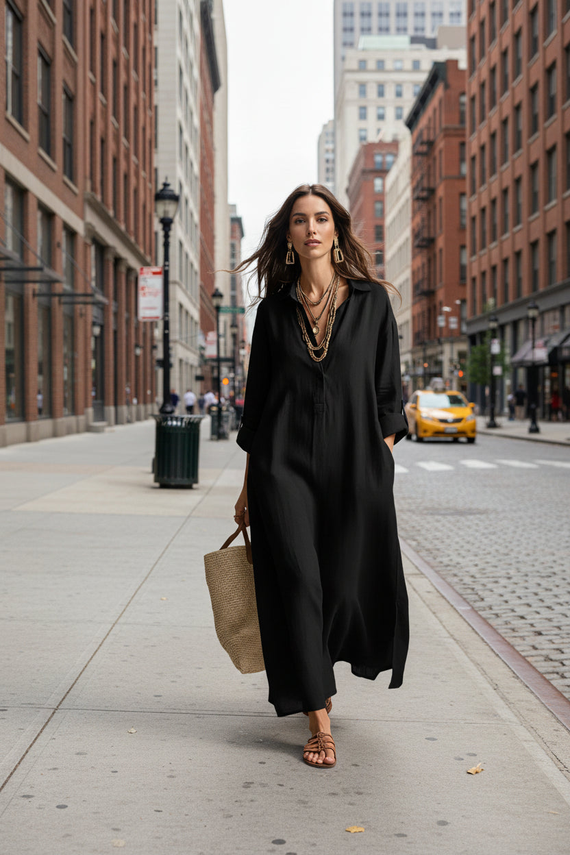 Women's Casual Long-Sleeve Linen Shirt Dress – Relaxed Fit