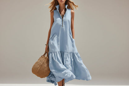 Women's Sleeveless Resort Dress – Loose Fit Zipper Detail