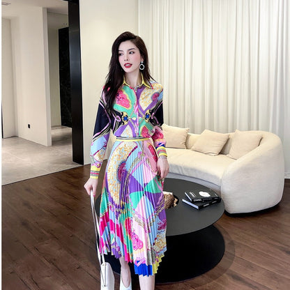 Printed Blouse Top Pleated Half Skirt Two Piece Set See size chart under “more details”