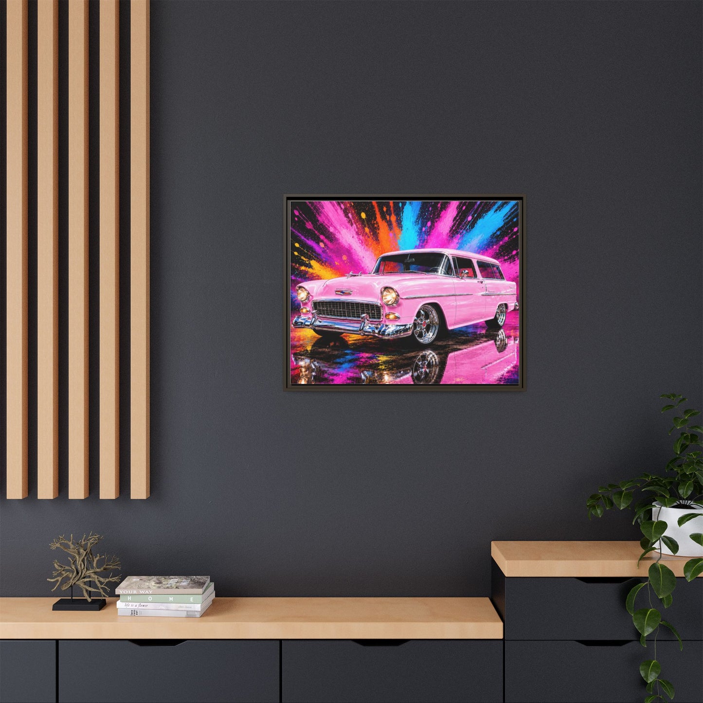 Pink Classic Station Wagon Canvas Print — Retro Car Wall Art, Framed Matte Multi‑Color Splash