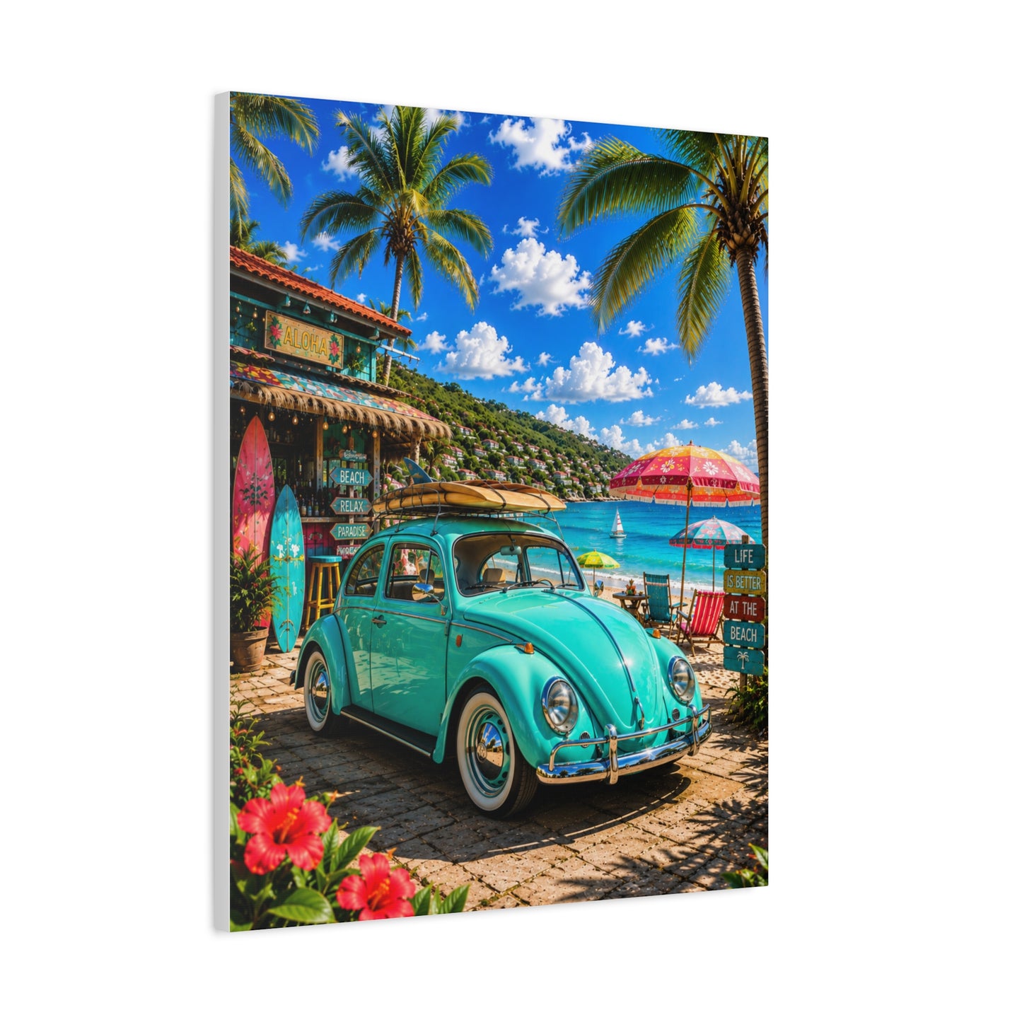 Beach Vintage VW Wall Art – Teal Beetle Canvas Print