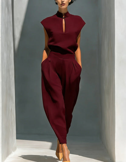 Women's Chinese-Style Satin Short-Sleeve Top & Pants Set