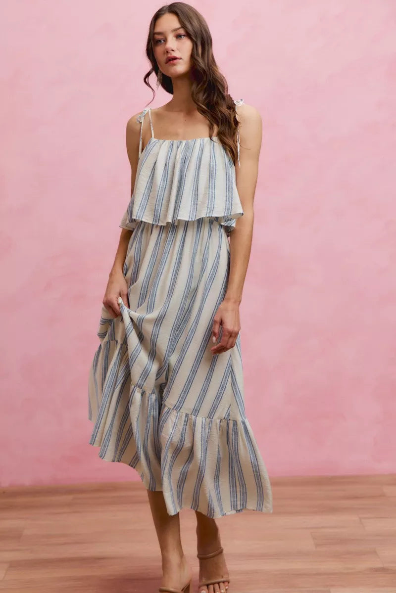 Stripe Tiered Shoulder Tie Midi Lined Dress