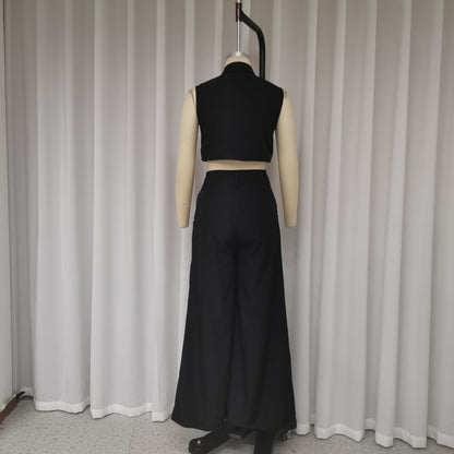 European And American Women's Autumn New Fashion Polo Collar Sleeveless Top Pants Two-piece Suit