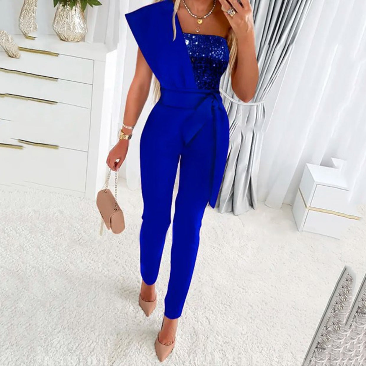 Fashionable SummerPrinted Solid Color Sleeveless Belted Jumpsuit with Beaded Embellishment, Fitted Patchwork Women's Clothing