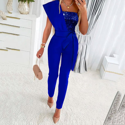 Fashionable SummerPrinted Solid Color Sleeveless Belted Jumpsuit with Beaded Embellishment, Fitted Patchwork Women's Clothing