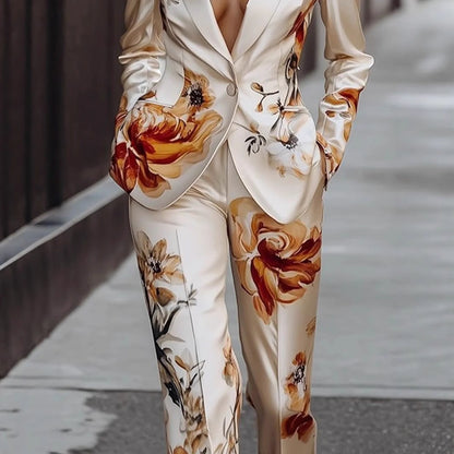 Fashion Printed Satin Long Sleeve Suit Set Two-Piece Set