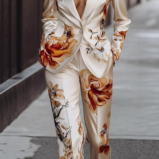 Fashion Printed Satin Long Sleeve Suit Set Two-Piece Set