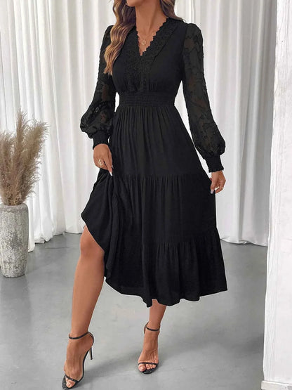 Lace Detail Lantern Sleeve Dress - Elegant Tiered Style for Any Occasion