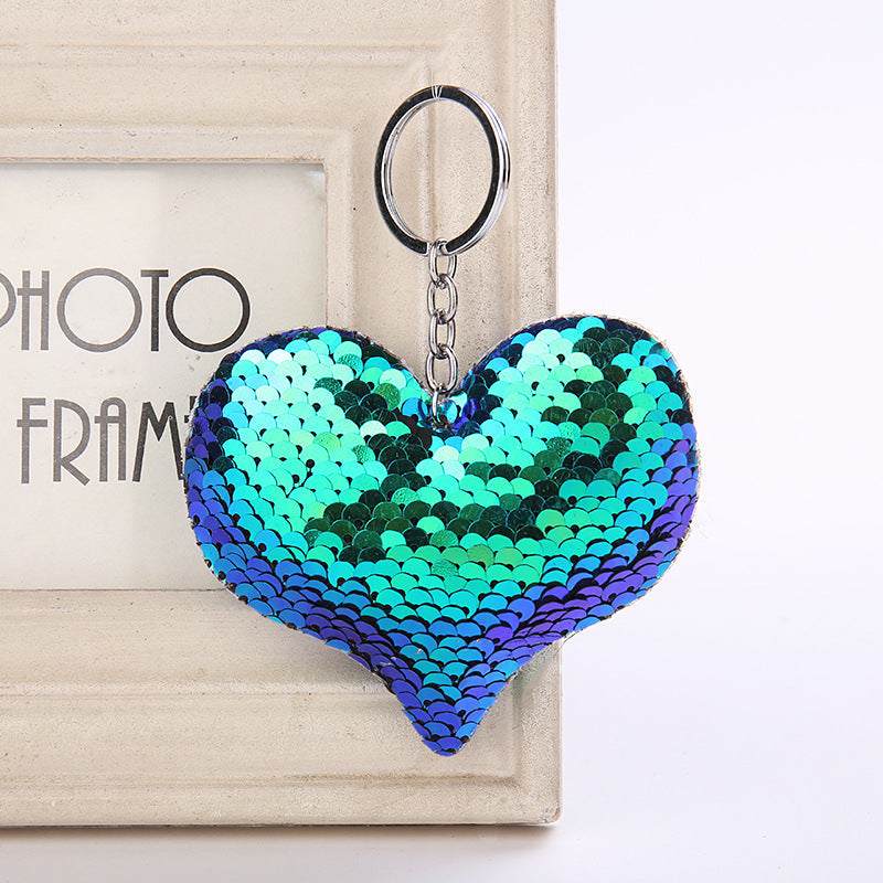 Cute Heart Keychain Glitter Pompom Sequins Key Ring
