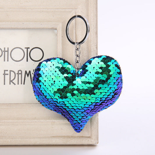 Cute Heart Keychain Glitter Pompom Sequins Key Ring