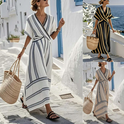 Casual Loose Retro Striped Print Holiday Dress Summer Short Sleeve V Neck Robes Dress Boho Beach Pleated A-Line Long Dress Woman (see size guide under more details)