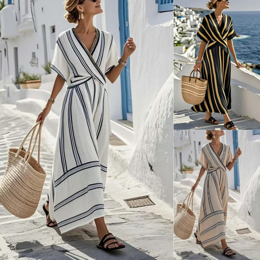 Casual Loose Retro Striped Print Holiday Dress Summer Short Sleeve V Neck Robes Dress Boho Beach Pleated A-Line Long Dress Woman (see size guide under more details)