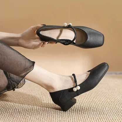 Women's Chinese-Style Square-Toe Mary Jane Flats – Microfiber Chunky-Heel Casual Shoes