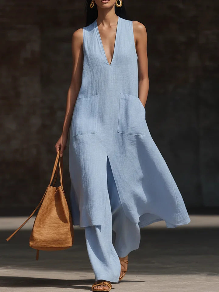 Women's V-Neck Sleeveless Linen Dress Set – Casual Chic