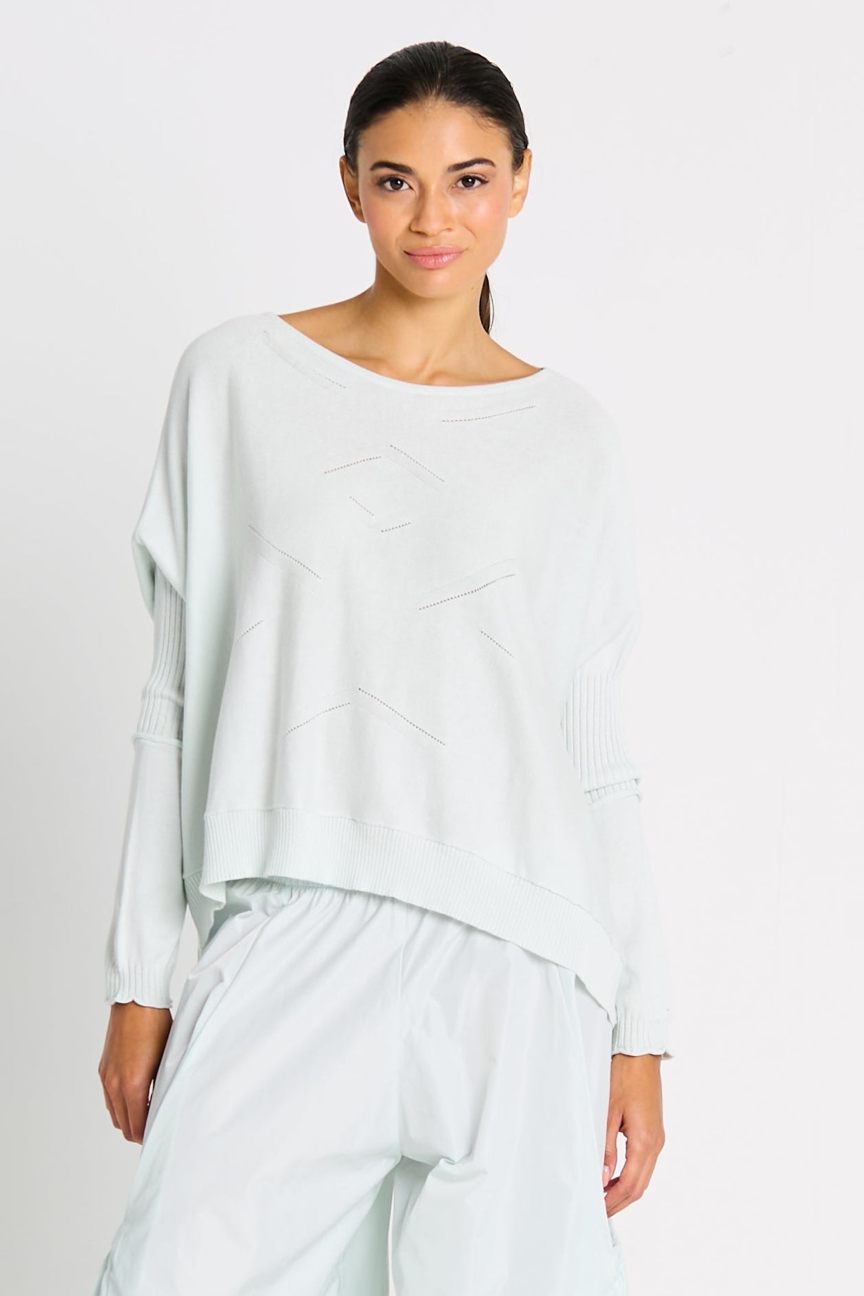 Pima Cotton Stitches Boatneck Sweater - Mint