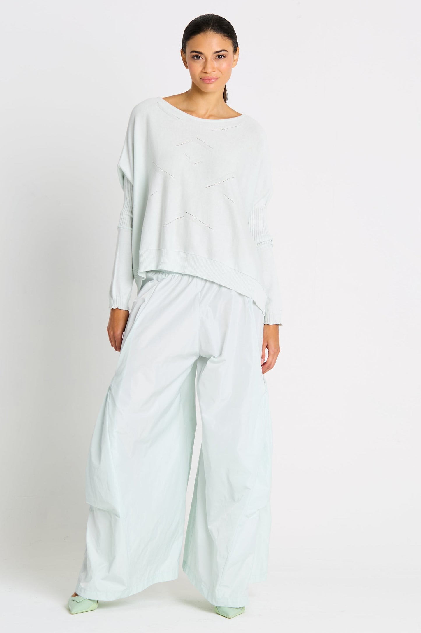 Pima Cotton Stitches Boatneck Sweater - Mint