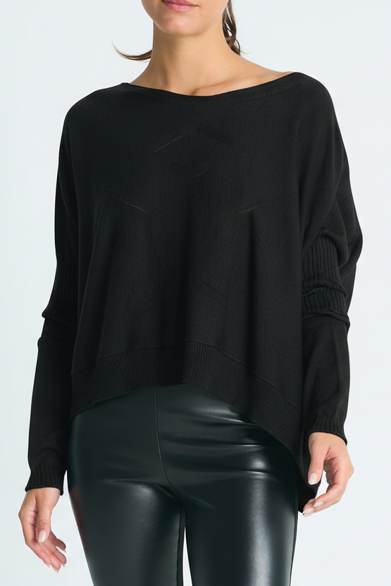 Pima Cotton Stitches Boatneck Sweater - Black