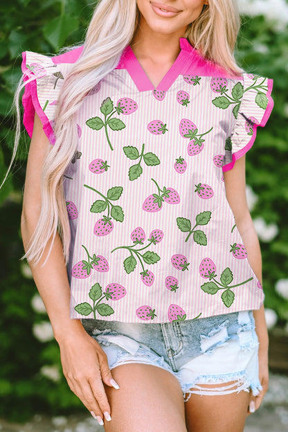 Stripe Strawberry Patchwork Flutter Sleeve V-Neck Blouse