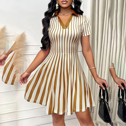 Women's Elegant Striped V-neck Short Sleeve A-line Short Dress