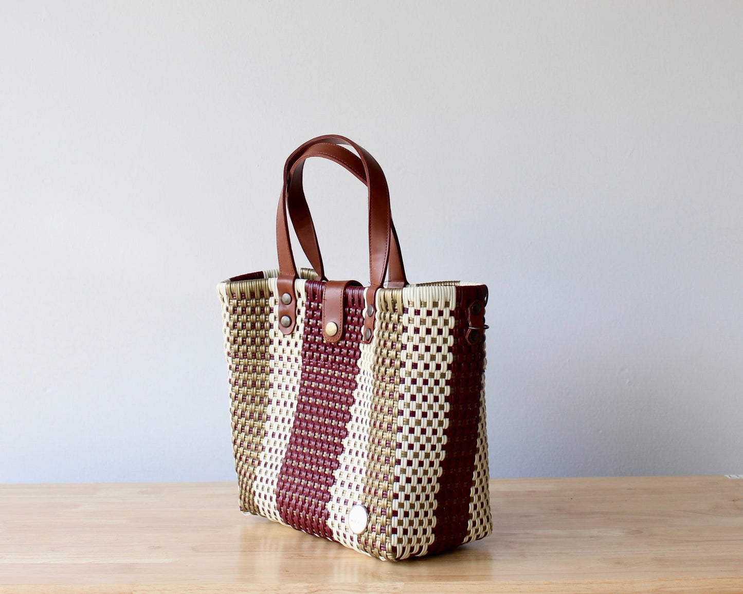 Vida Purse – Maroon, Gold & Beige Handwoven Purse with Leather Handles