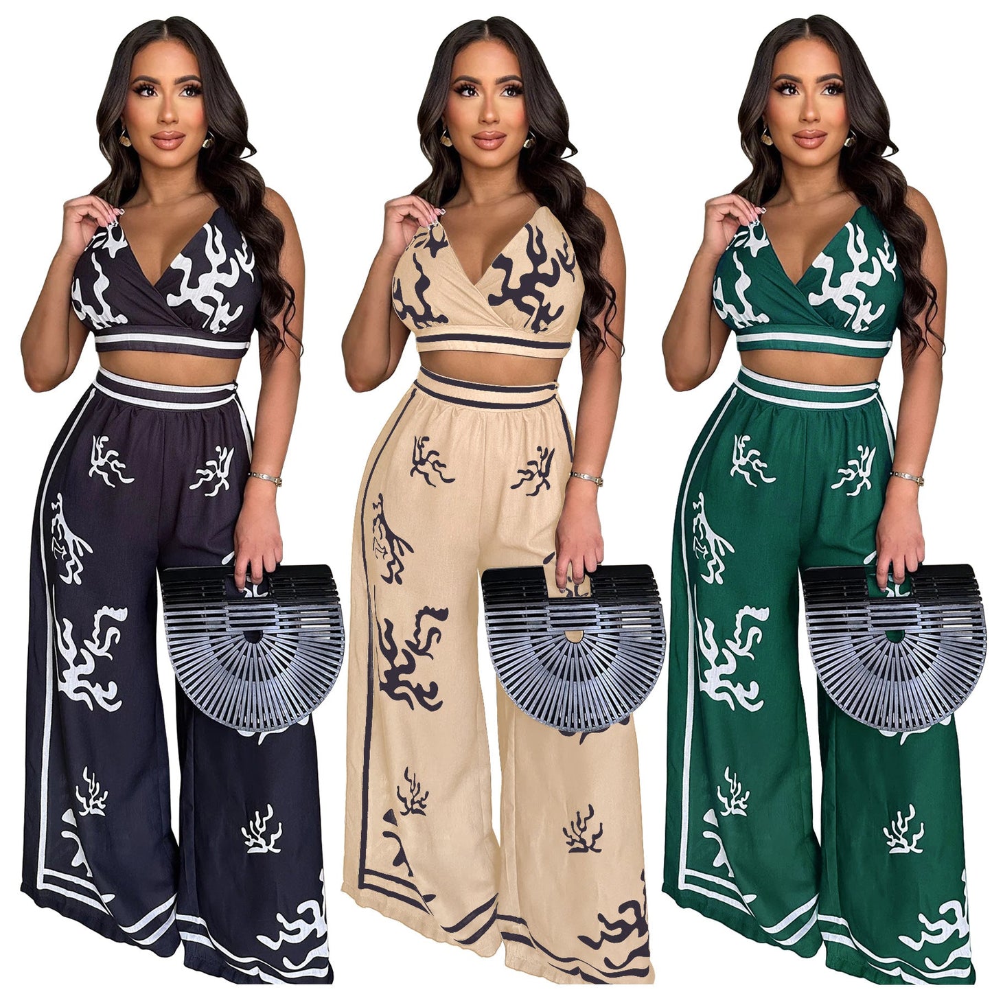 V-neck hanging neck wide leg pants set