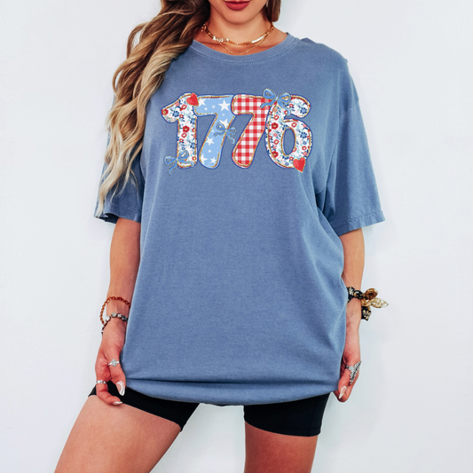 1776 Patriotic Shirt for Women 4th of July Graphic Tee with Gingham & Floral Print