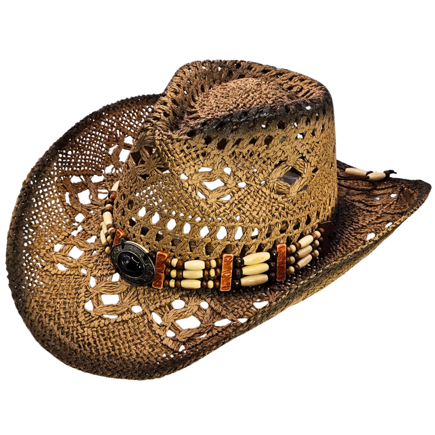 Straw Cowgirl Hat | Handmade Beaded Crown with Turquoise-stone Detail