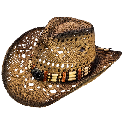 Straw Cowgirl Hat | Handmade Beaded Crown with Turquoise-stone Detail