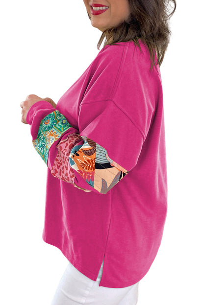Rose Red Leopard Patchwork Sleeve Split Plus Sweatshirt