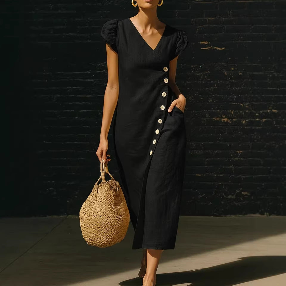 Women’s Casual V-Neck Short Sleeve Midi Dress