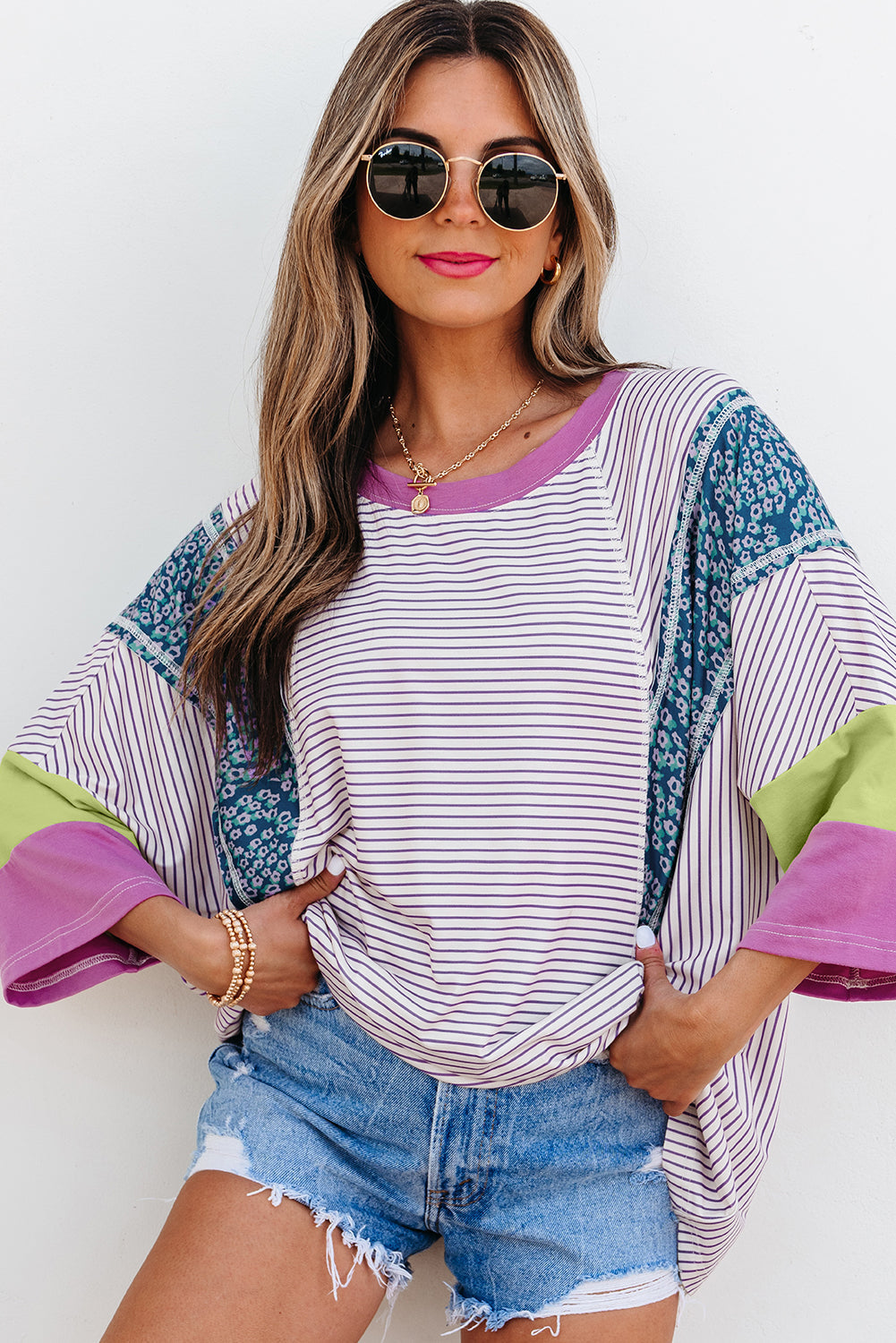 Kyra Patchwork Bracelet Sleeve Blouse