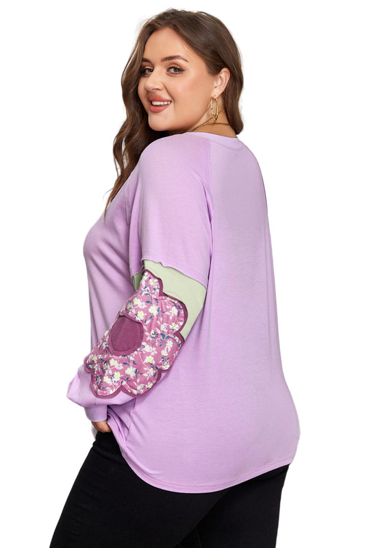 Phalaenopsis Flower Patch Colorblock Plus Size Pullover Top