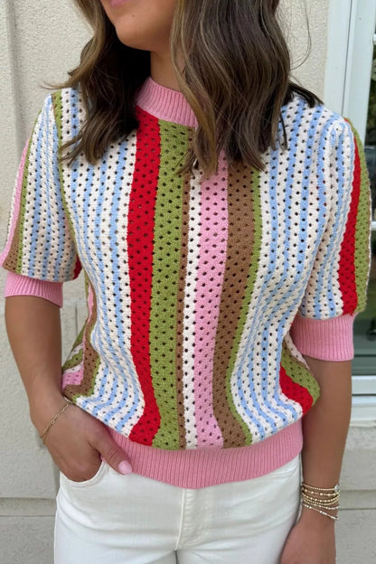 Color Block Short Sleeve Striped Crochet Knit Top