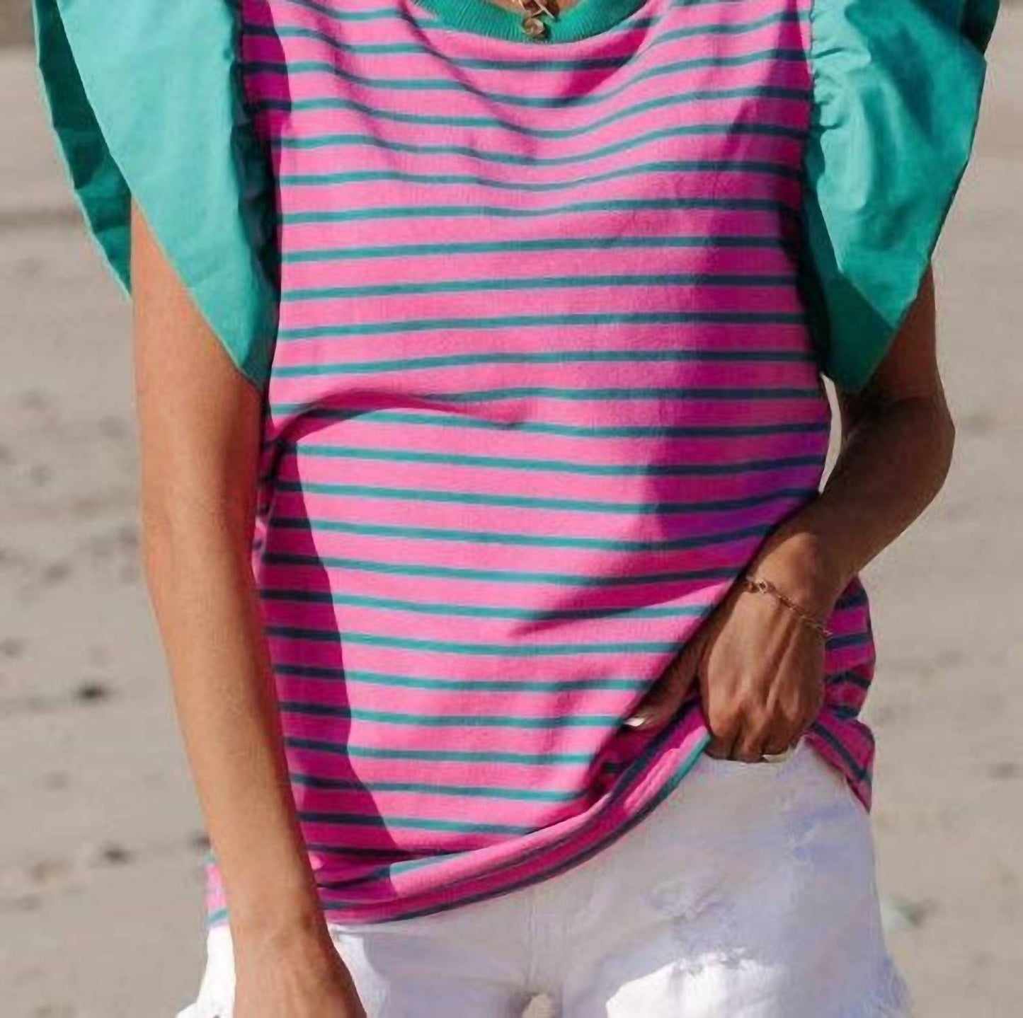 Striped Ruffled Sleeve Crew Neck Blouse
