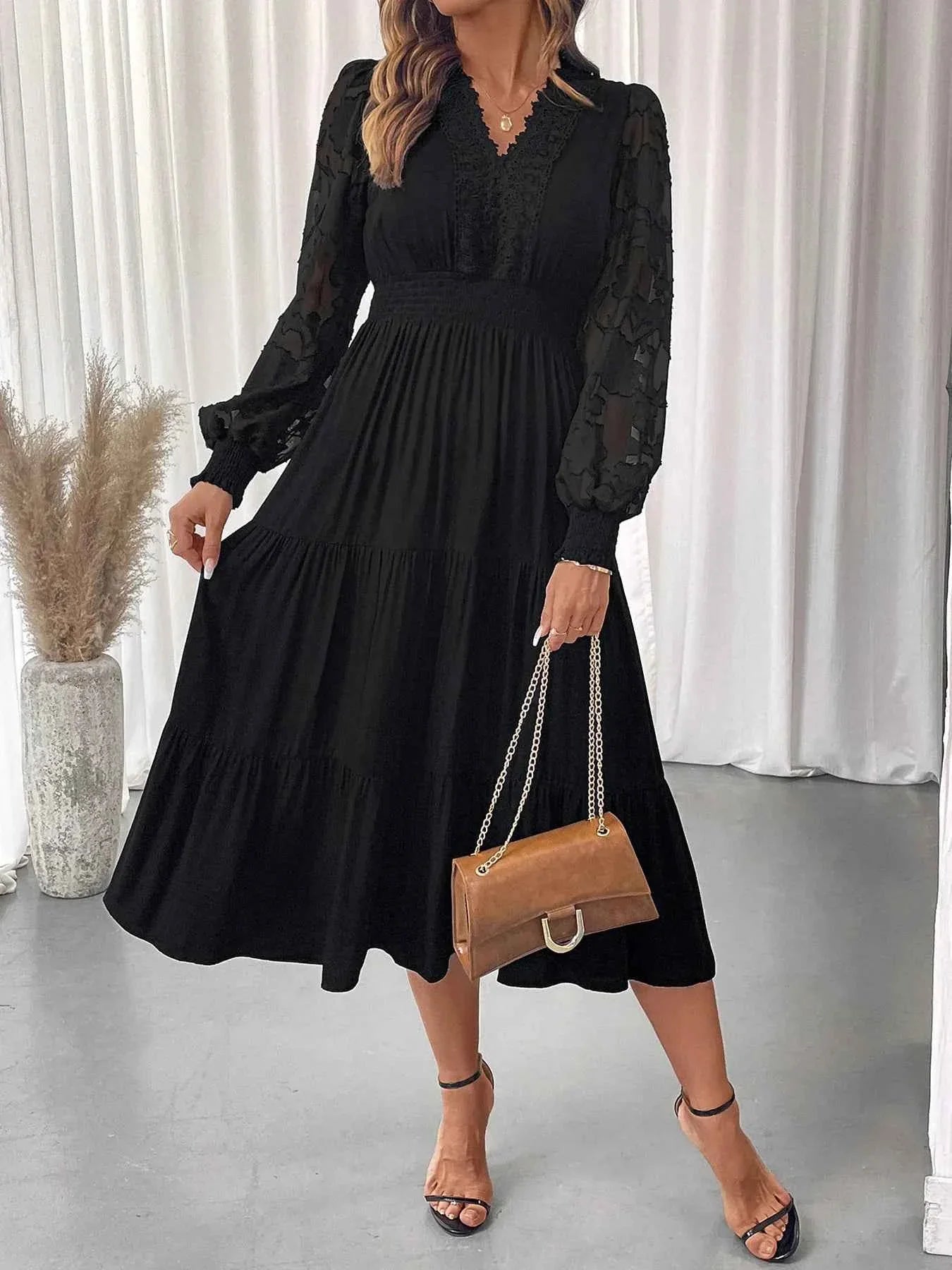 Lace Detail Lantern Sleeve Dress - Elegant Tiered Style for Any Occasion