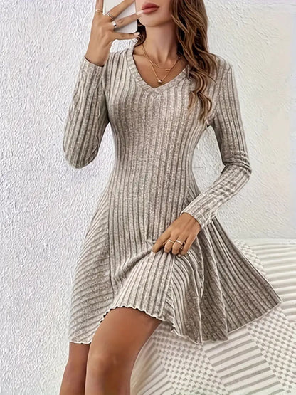 Ribbed Knit Long Sleeve A-Line Dress
