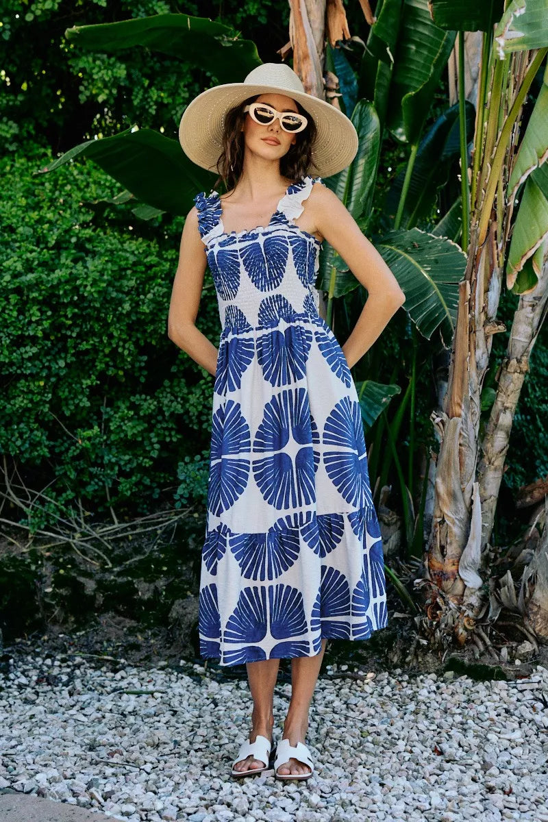 Abstract Print Smocked Bodice Tiered Lined Midi Dress